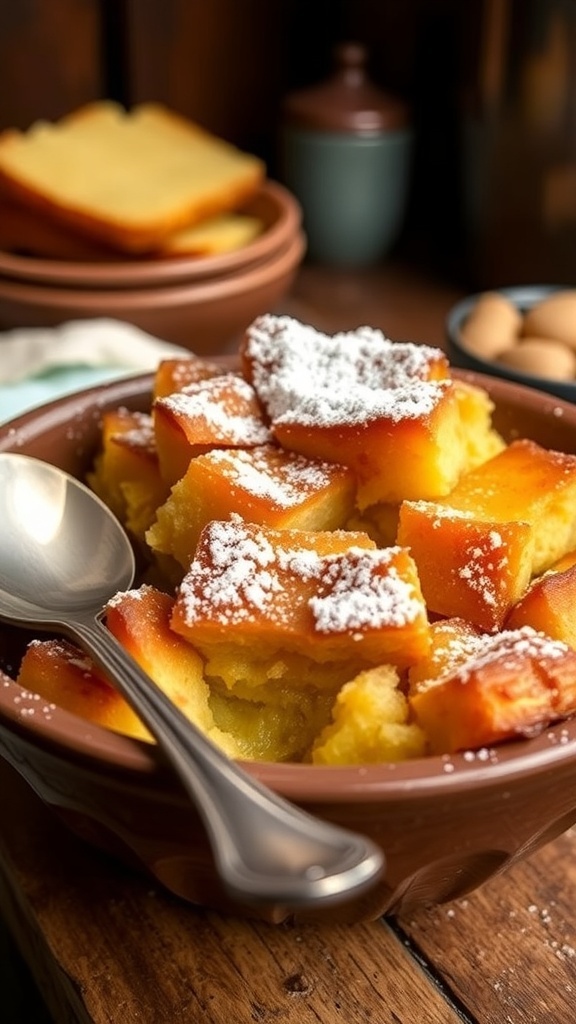 Classic Bread Pudding Recipe A bowl of golden brown bread pudding dusted with powdered sugar, served with a spoon in a cozy kitchen.